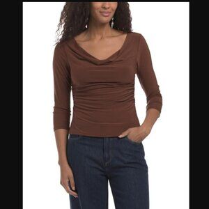 H&M Drape Neck Tee 3/4 Sleeve Cowl Stretchy Fitted Ruched Casual Layering Basic